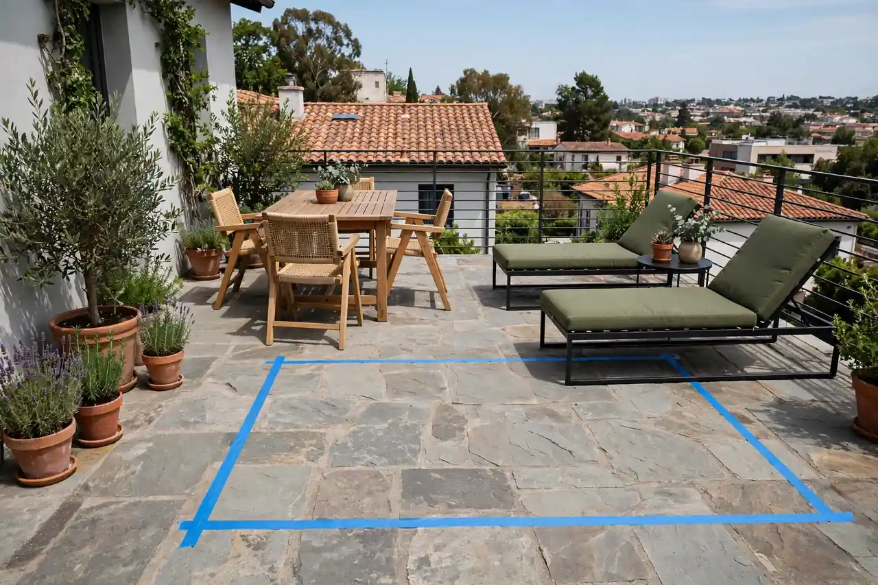 Terrasse mit aufgestellten Gartenmöbeln, auf dem Boden ist die geplante Dachfläche markiert