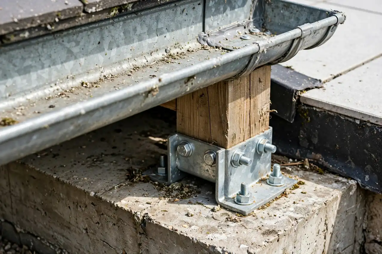 Detail einer Dachrinne und eines Pfostens einer Terrassenüberdachung mit Fundamentpunkt