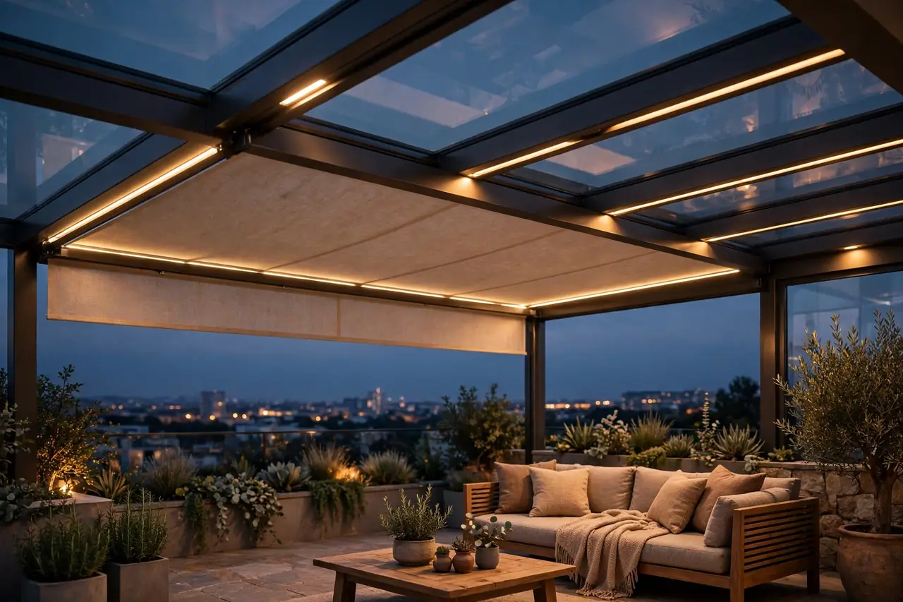 Terrassendach mit Unterglas-Beschattung und integrierter Beleuchtung am Abend