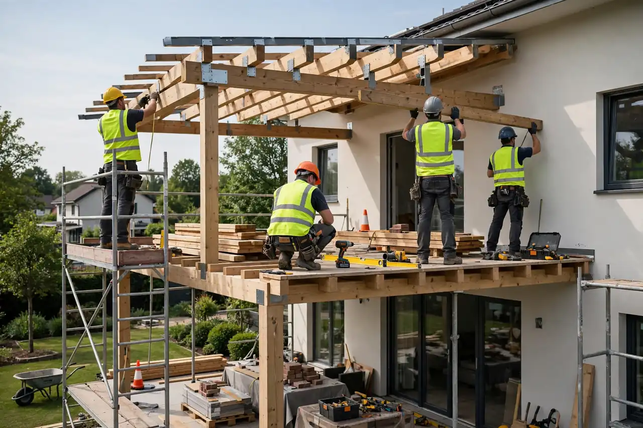 Montageteam eines Fachbetriebs baut eine Terrassenüberdachung an einem Einfamilienhaus auf