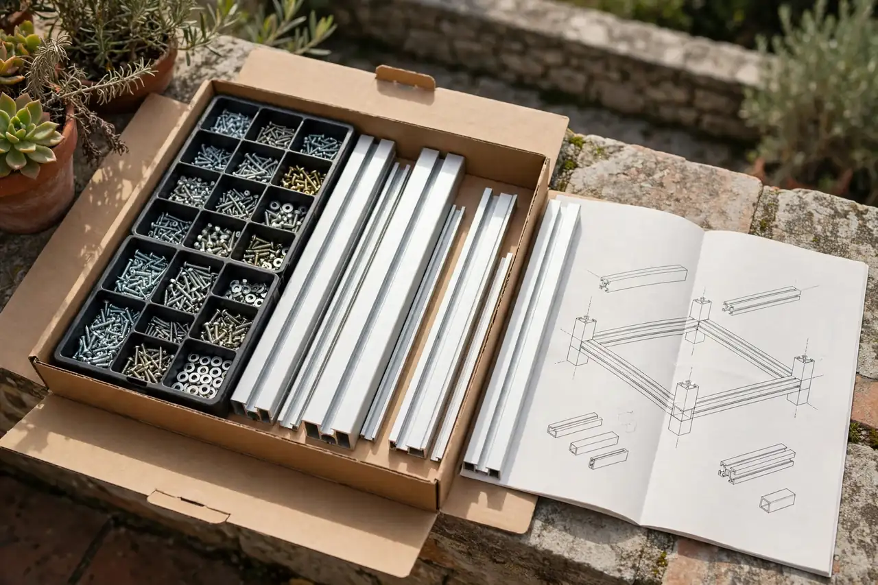 Geöffneter Bausatz mit sortierten Aluminiumprofilen, Schrauben und Montageanleitung auf einer Terrasse