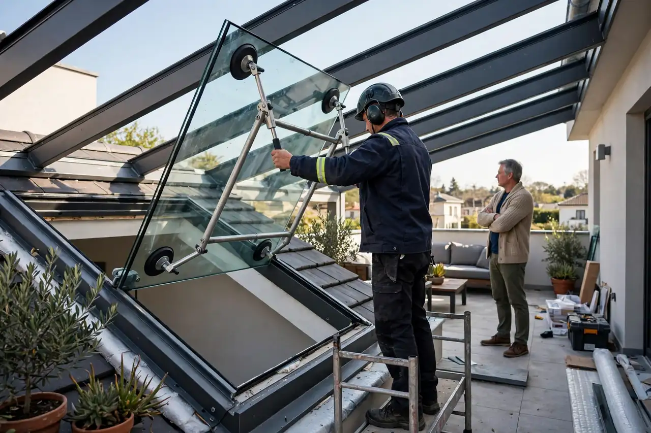 Glaser setzt mit Saughebern eine Glasscheibe in ein Terrassendach ein, Heimwerker schaut zu