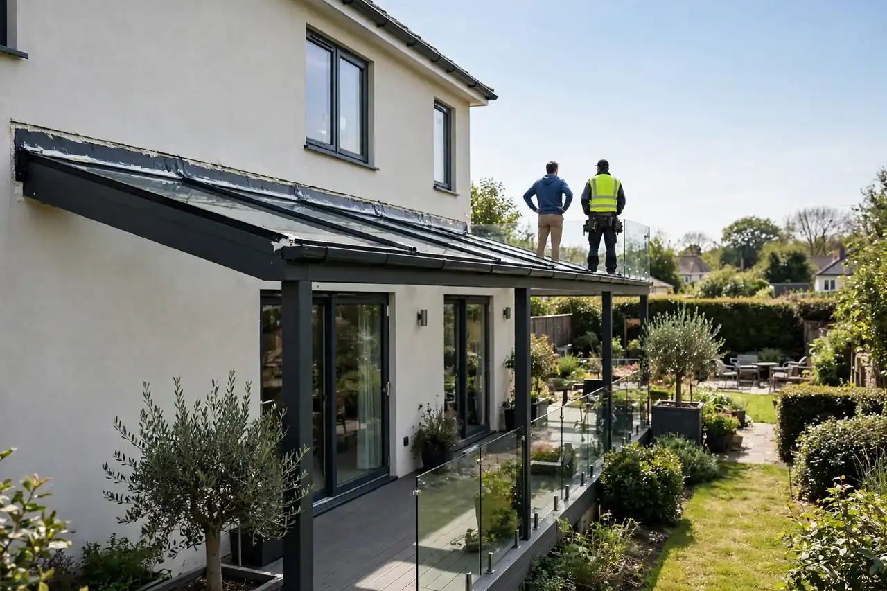 Abnahme einer fertigen Terrassenüberdachung: Betrieb und Bauherr prüfen gemeinsam den Wandanschluss