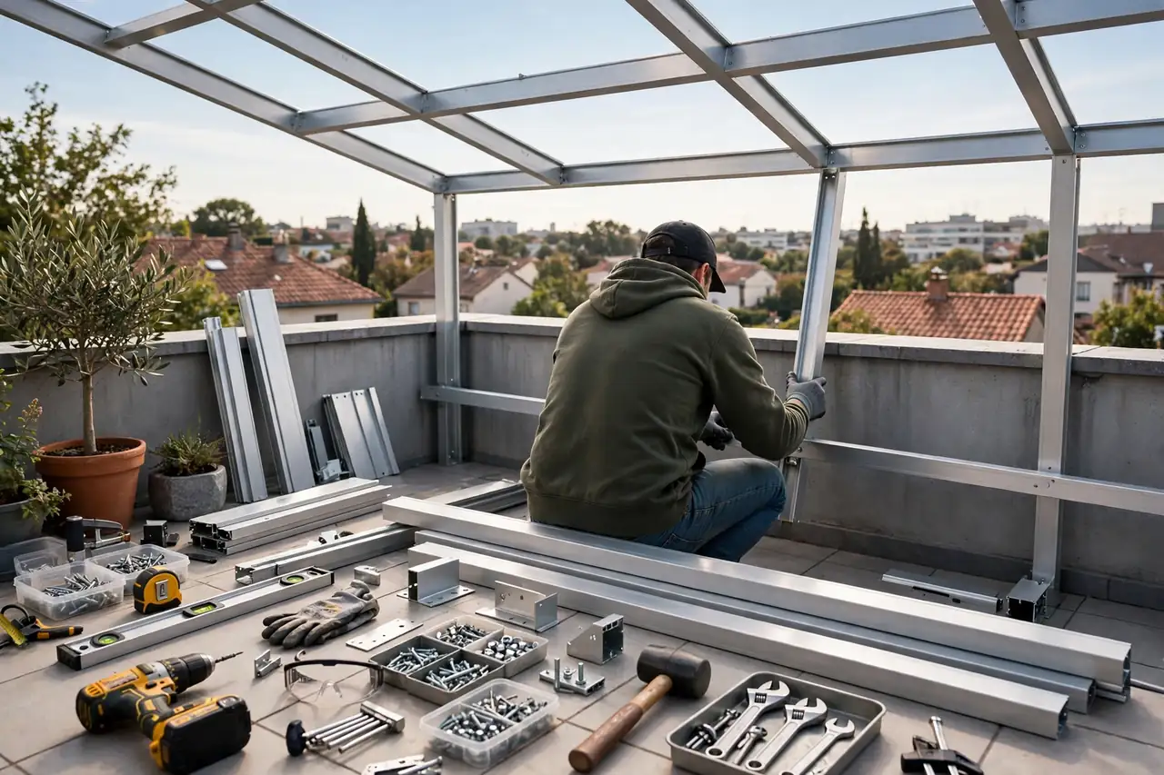 Heimwerker baut eine Terrassenüberdachung aus einem Aluminium-Bausatz auf, Werkzeug liegt bereit