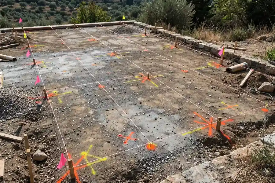 Schnurgerüst und Markierungen zeigen die Pfostenpositionen auf einer Terrasse vor dem Bau