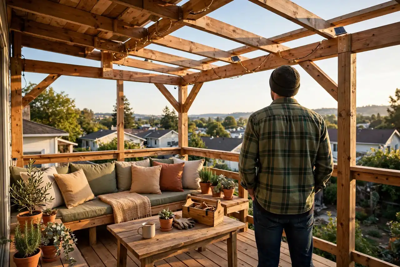 Fertig montierte selbstgebaute Terrassenüberdachung mit Sitzplatz und Stolzem Besitzer von hinten