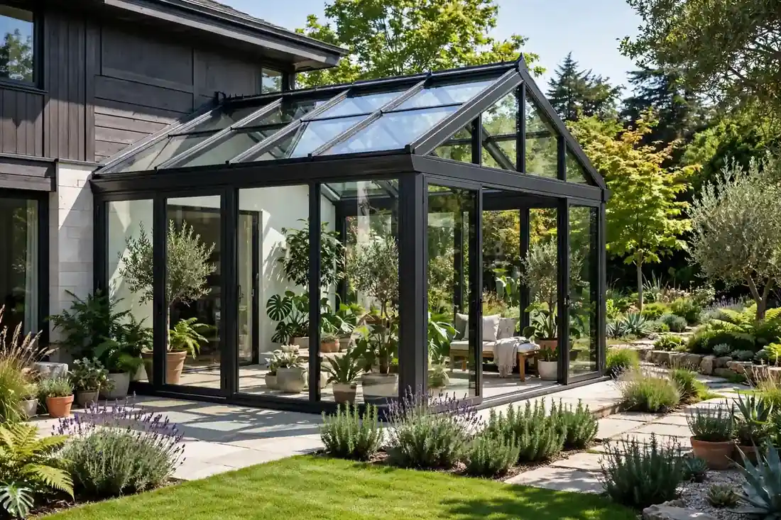 Moderner Wintergarten mit großer Glasfront an einem Einfamilienhaus im hellen Tageslicht