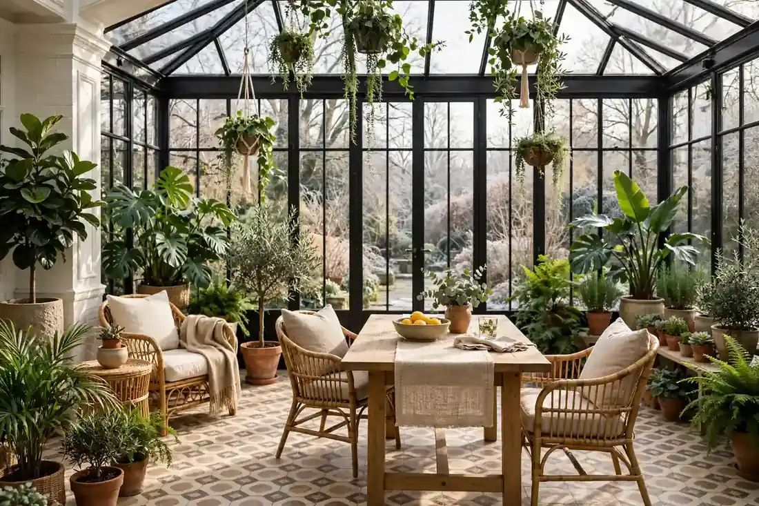 Blick in einen lichtdurchfluteten Wintergarten mit Pflanzen, Sesseln und Esstisch