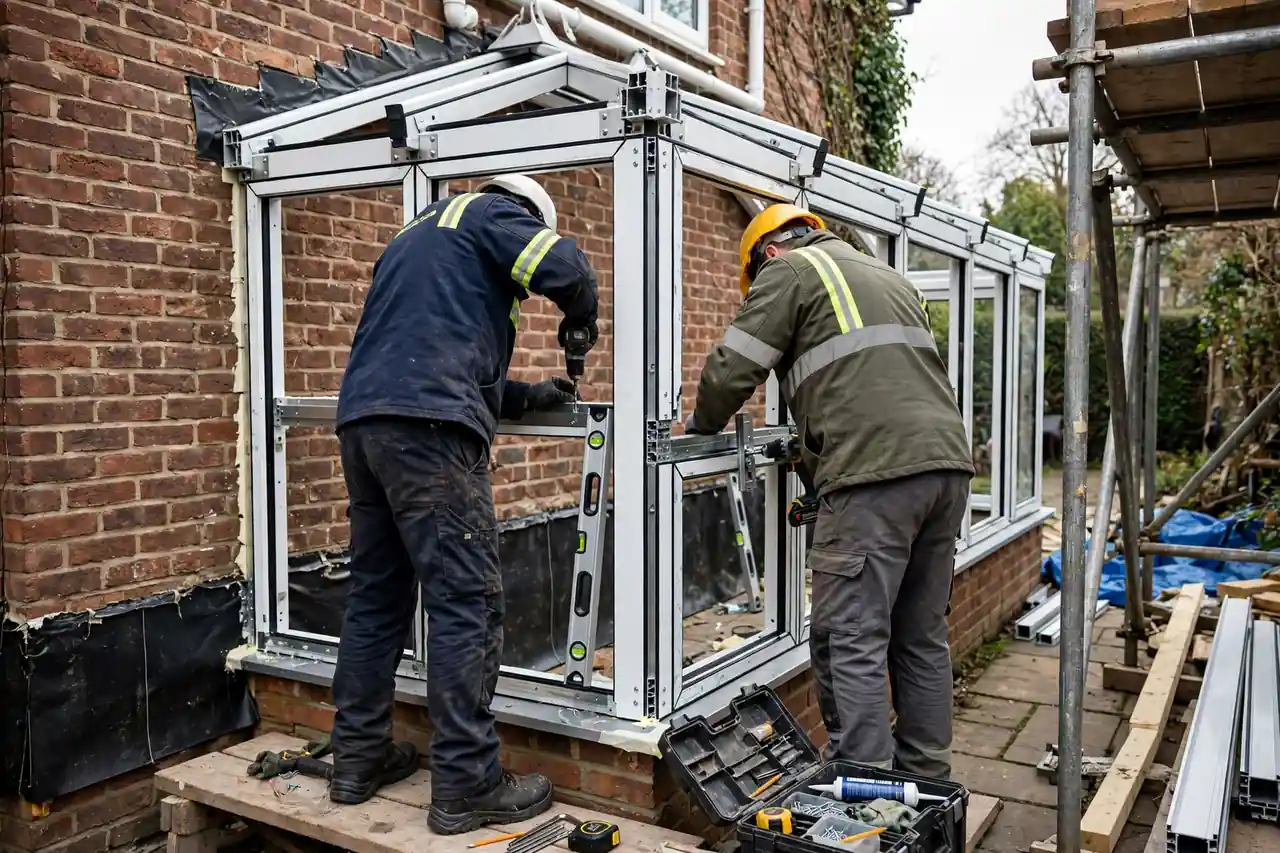 Handwerker montieren ein Aluminiumprofil eines Wintergartens an der Hauswand