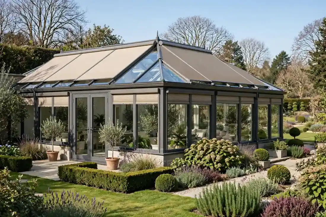 Wintergarten mit Glasdach und Beschattung von außen in einem gepflegten Garten