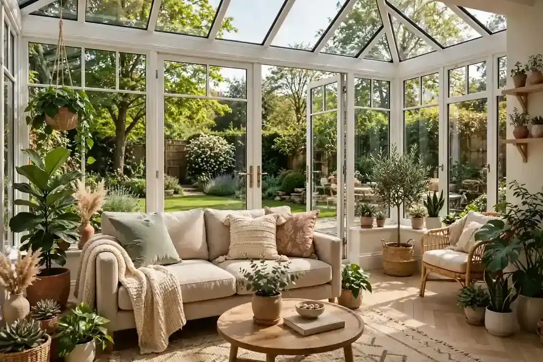 Wintergarten als Wohnzimmer eingerichtet mit Sofa, Teppich, Pflanzen und Blick in den Garten