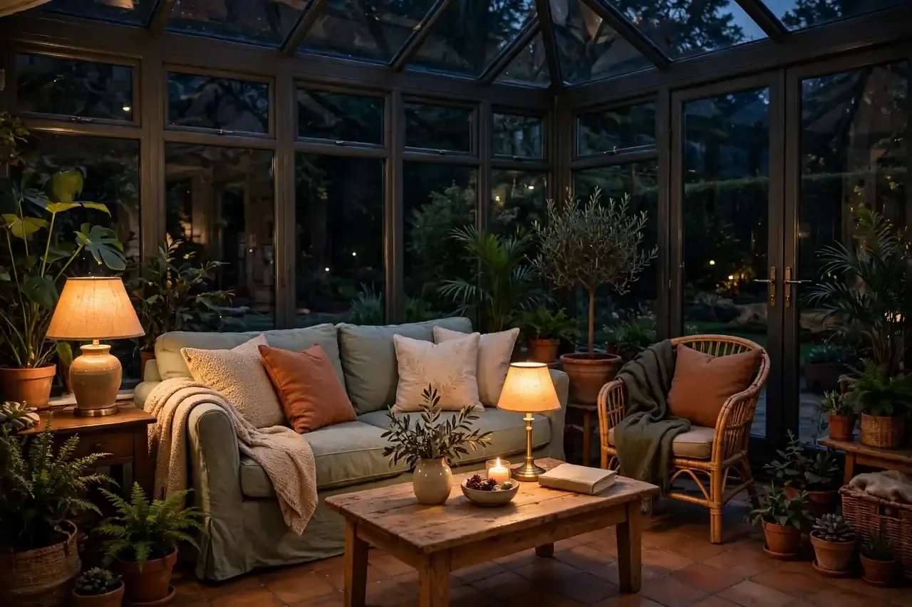 Wohnlicher Wintergarten am Abend mit warmem Licht, Sofa und Blick auf den dunklen Garten