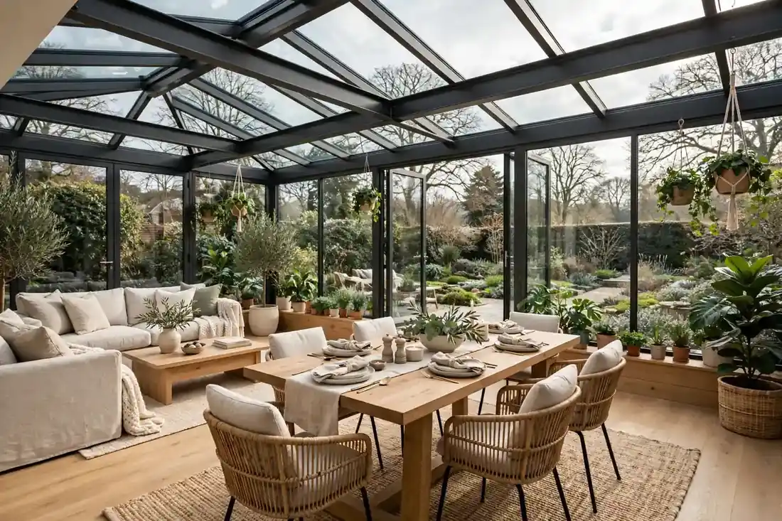 Großzügiger Wintergarten-Anbau als Wohnraumerweiterung mit Essbereich und Gartenblick