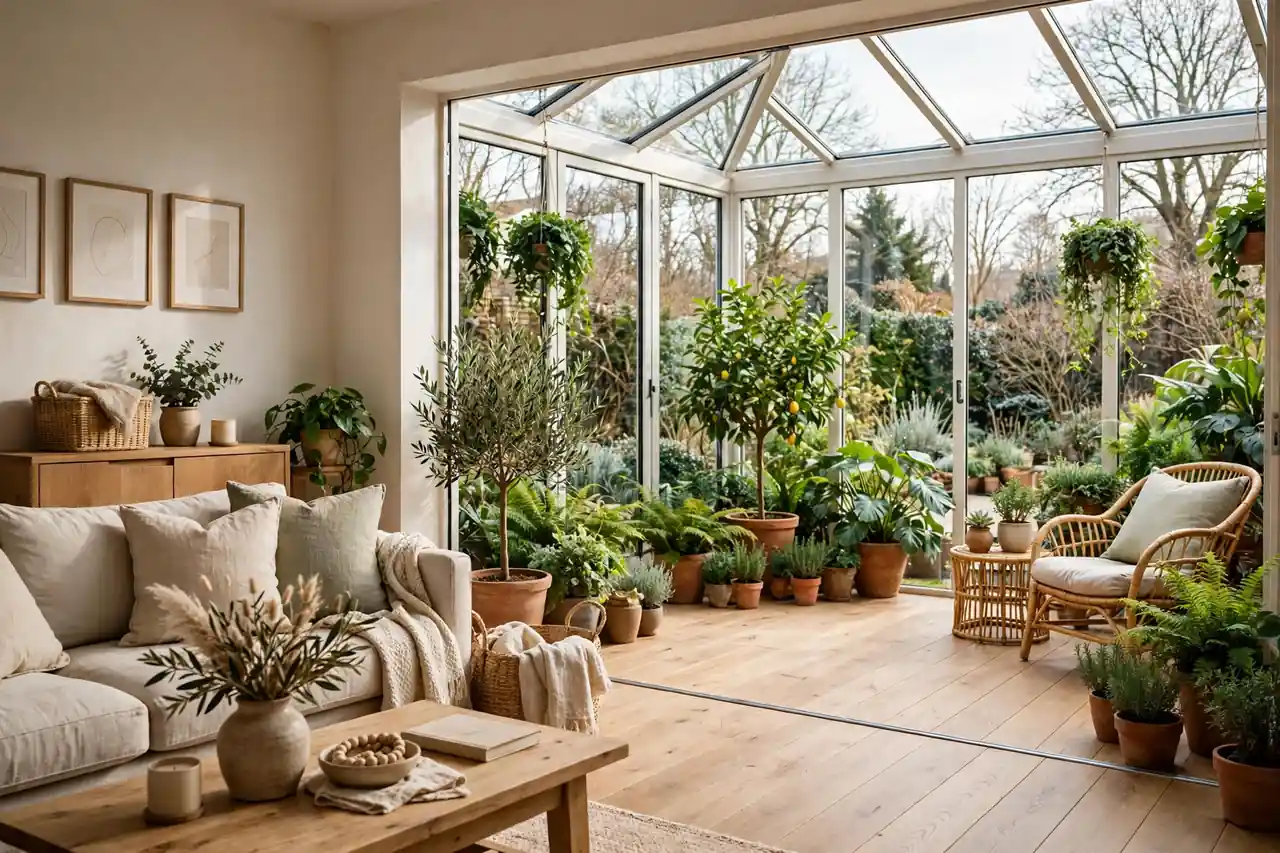 Offener Übergang vom Wohnzimmer in einen hellen Wintergarten-Anbau mit Holzboden