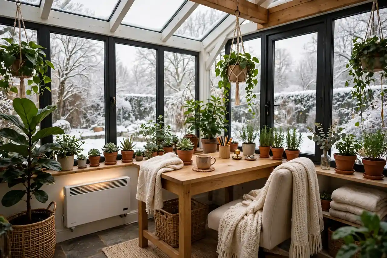 Beheizter Wintergarten als Arbeitszimmer mit Schreibtisch am Fenster im Winterlicht