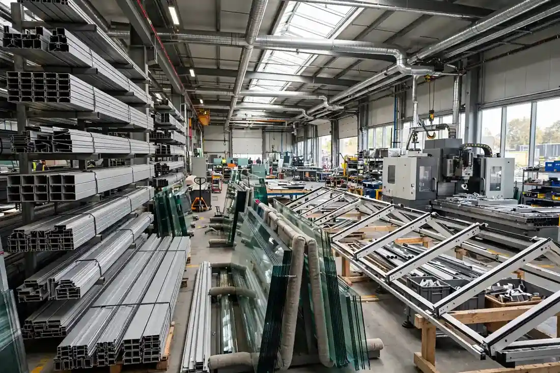 Produktion von Aluminiumprofilen und Glaselementen in einer hellen Fertigungshalle