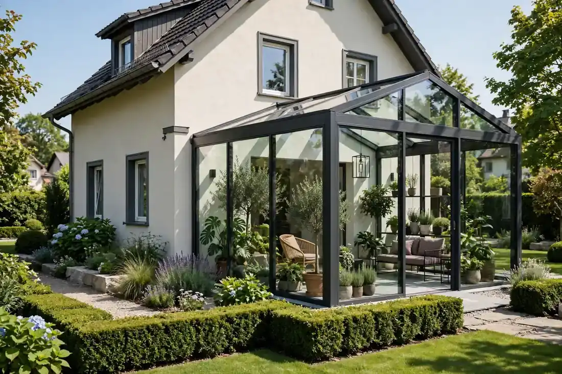 Moderner Glaswintergarten an einem Wohnhaus mit gepflegtem Garten im Tageslicht