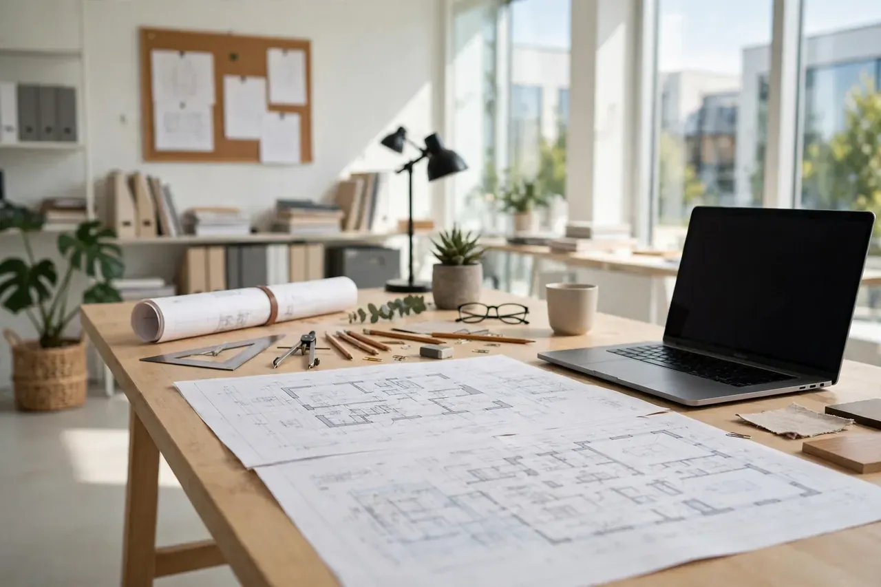 Heller Architektentisch mit Bauplänen, Laptop und Zeichenwerkzeug in einem Büro