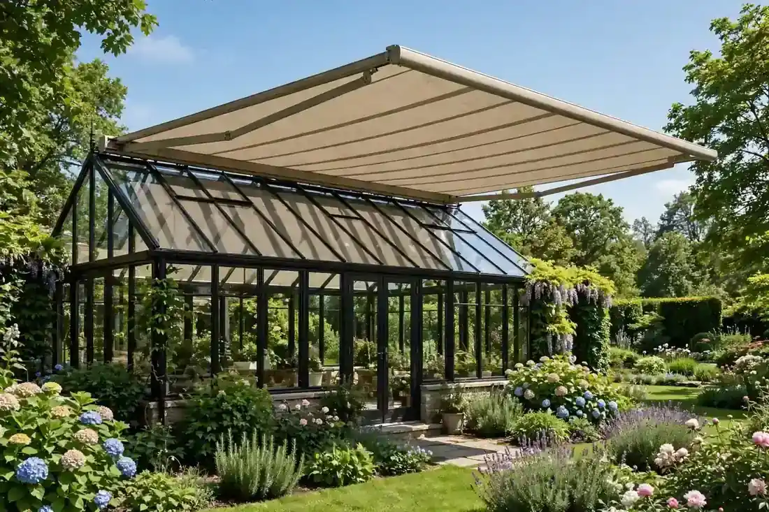 Wintergarten mit ausgefahrener Außenmarkise über dem Glasdach an einem sonnigen Sommertag