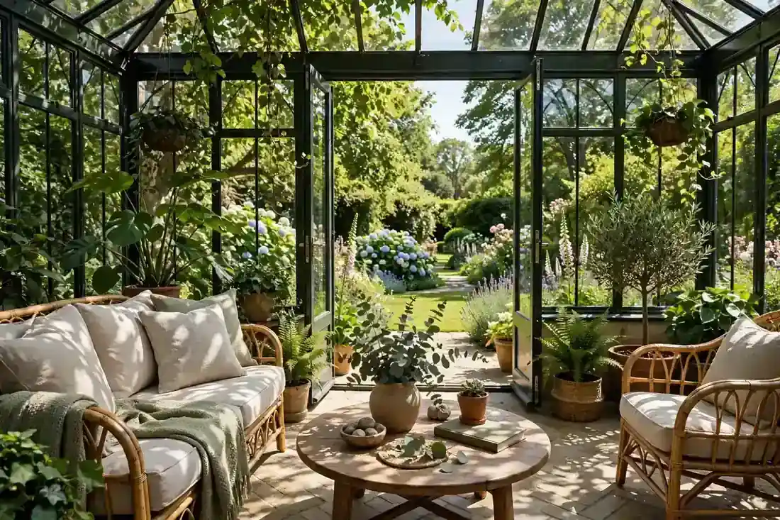 Sitzplatz im Wintergarten im angenehmen Schatten mit Pflanzen und Blick in den Garten