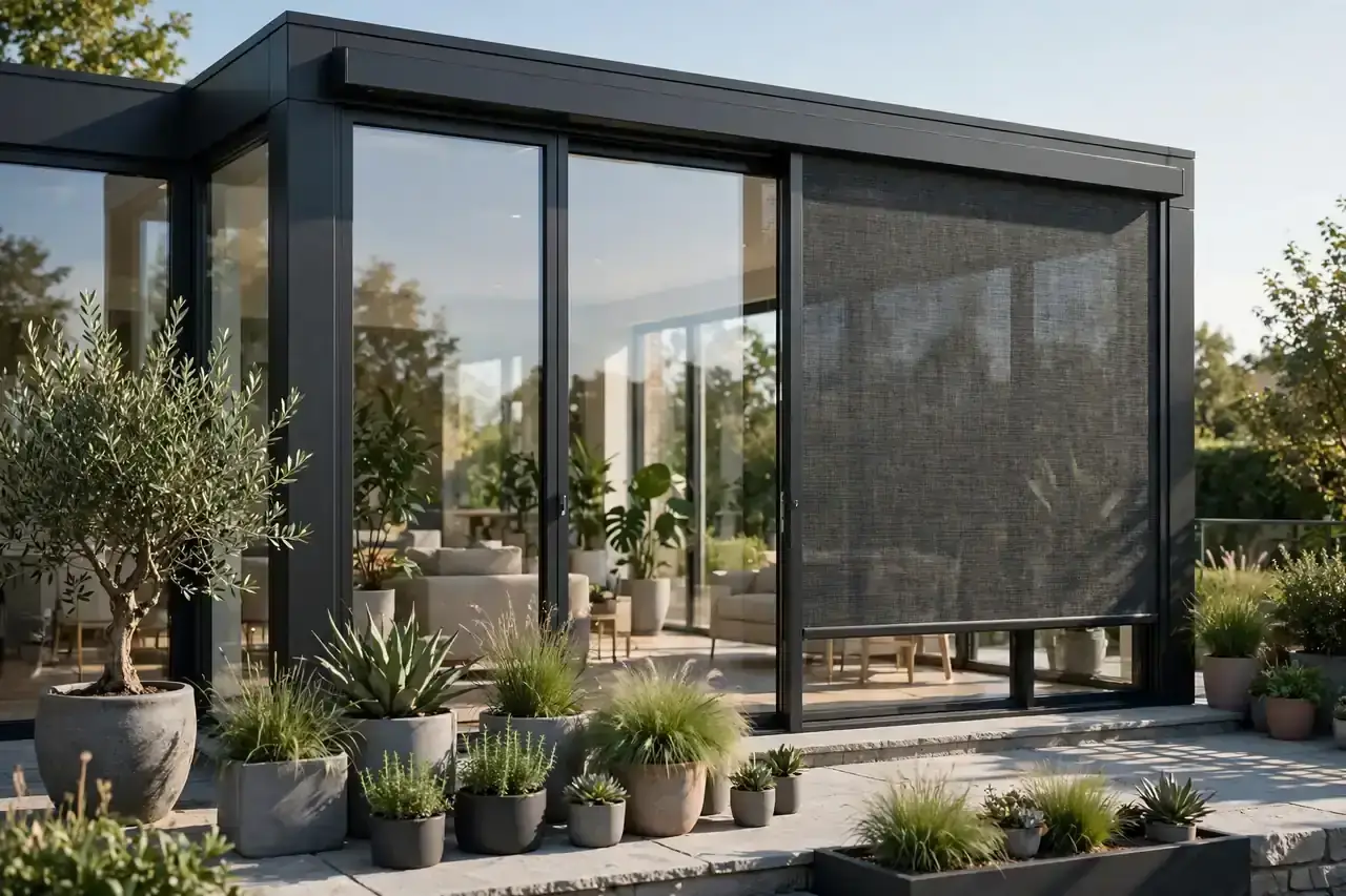 Senkrechte Außenmarkise an der Glasfront eines modernen Wintergartens am Nachmittag