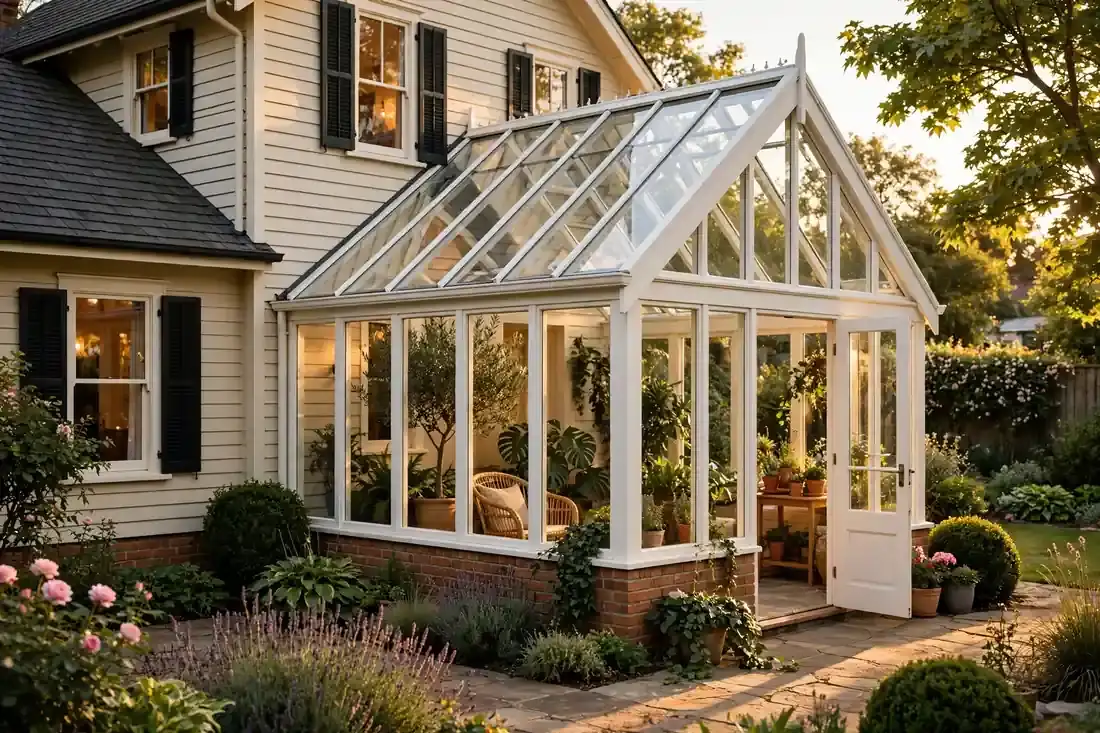 Wintergarten mit klassischem Satteldach aus Glas an einem Einfamilienhaus