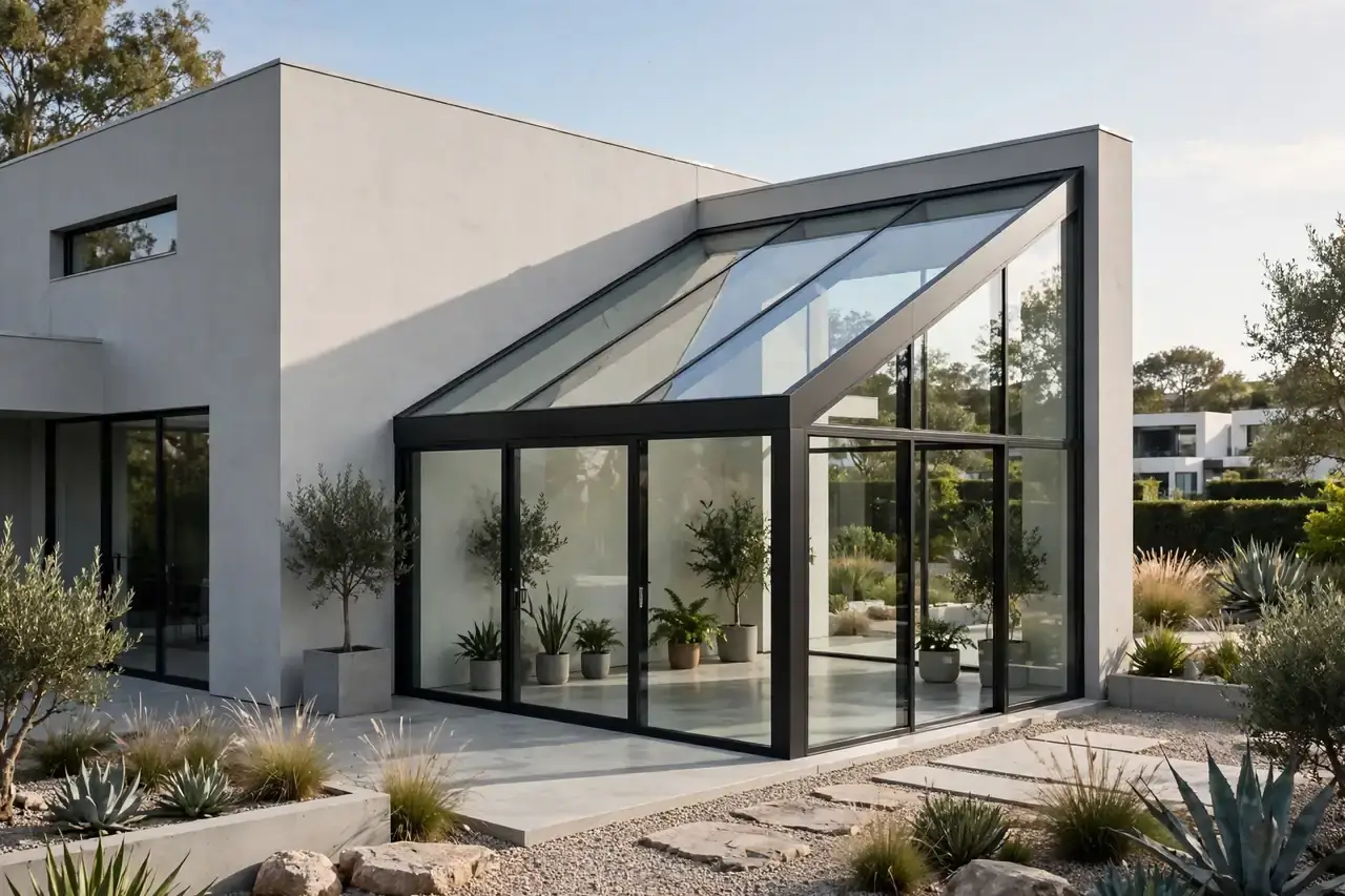 Modernes Pultdach aus Glas an einem Wintergarten mit klaren Linien
