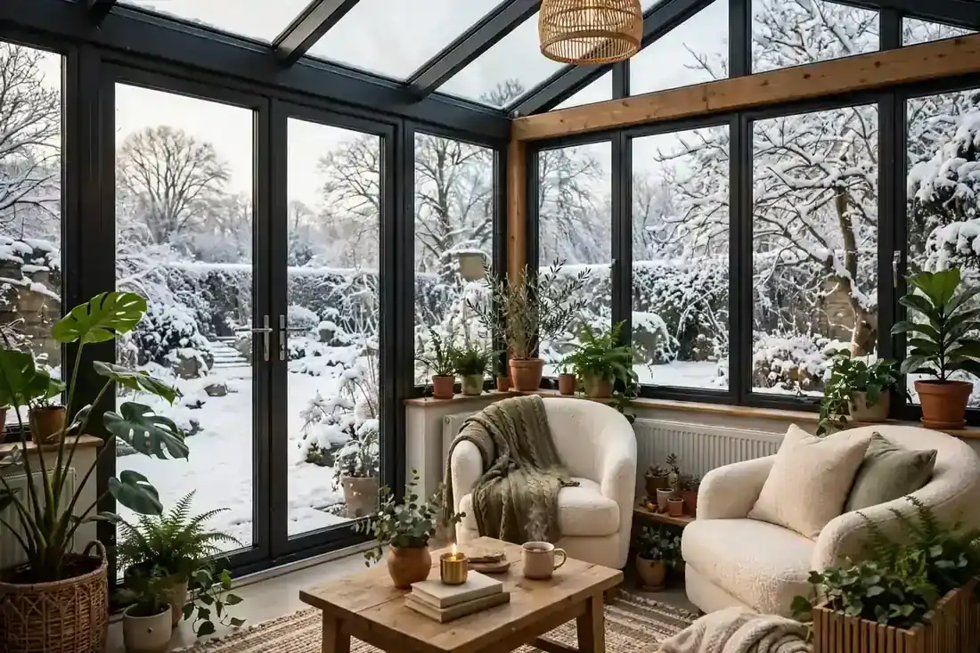 Beheizter Wintergarten im Winter mit Sitzecke, Pflanzen und Blick auf verschneiten Garten