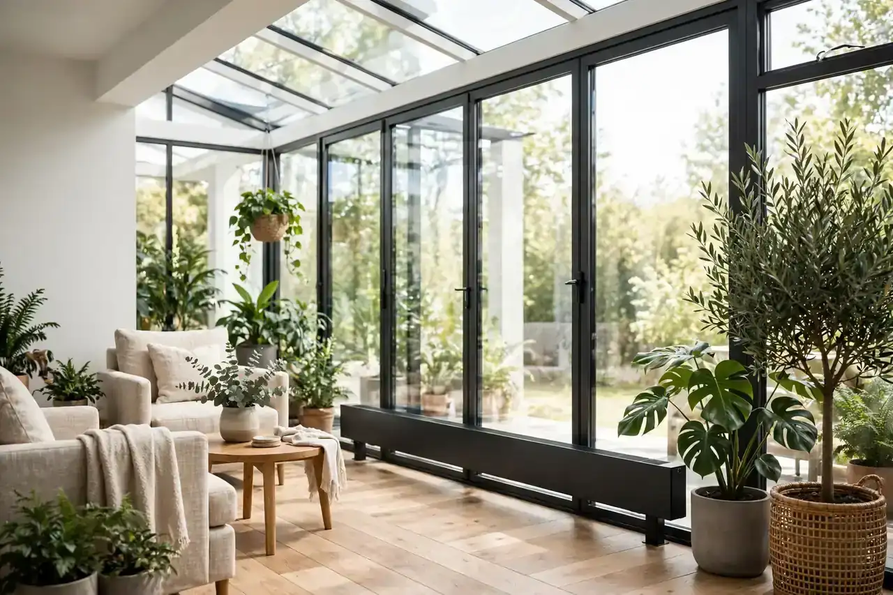 Moderner Heizkörper entlang der Glasfront eines hellen Wintergartens mit Sesseln