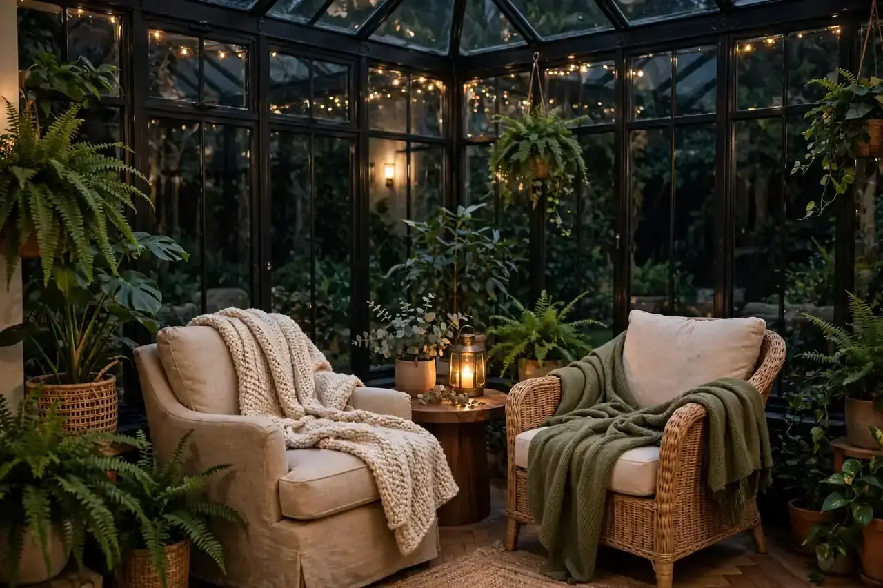 Gemütliche Sitzecke im Wintergarten am Abend mit Decken, Pflanzen und warmem Licht