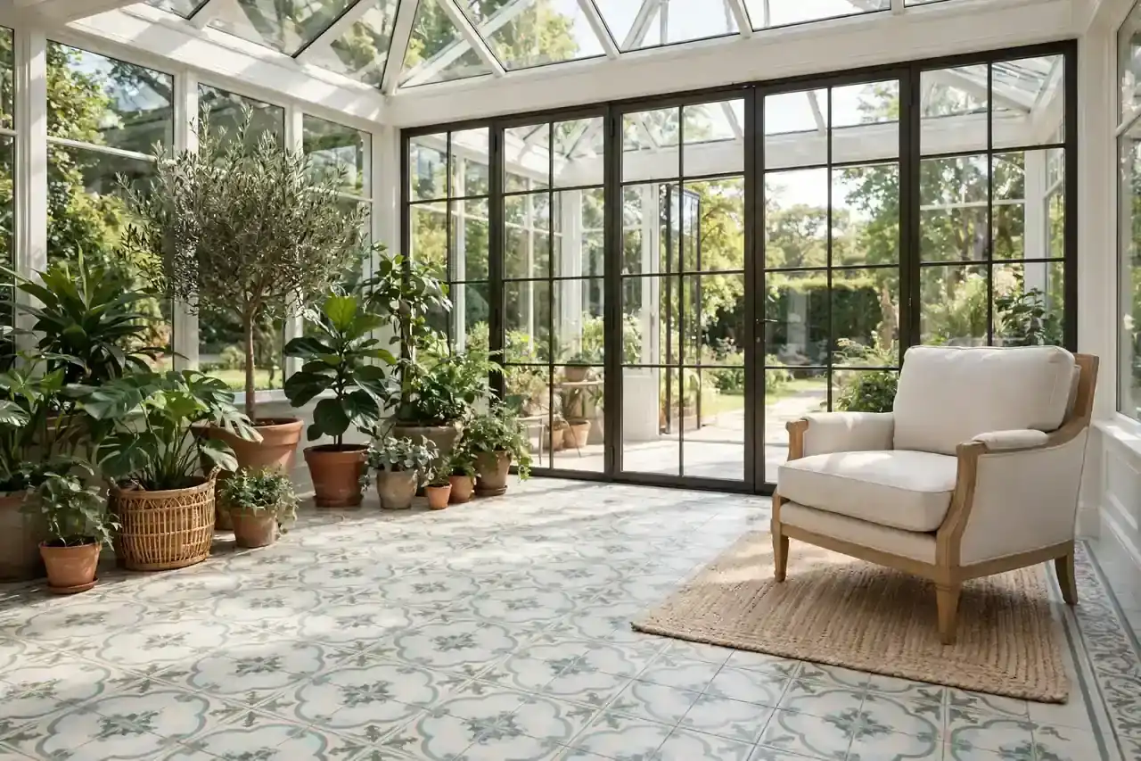 Fußboden im Wintergarten mit Sessel und Teppich, helle Glasfront mit Wintergartenblick