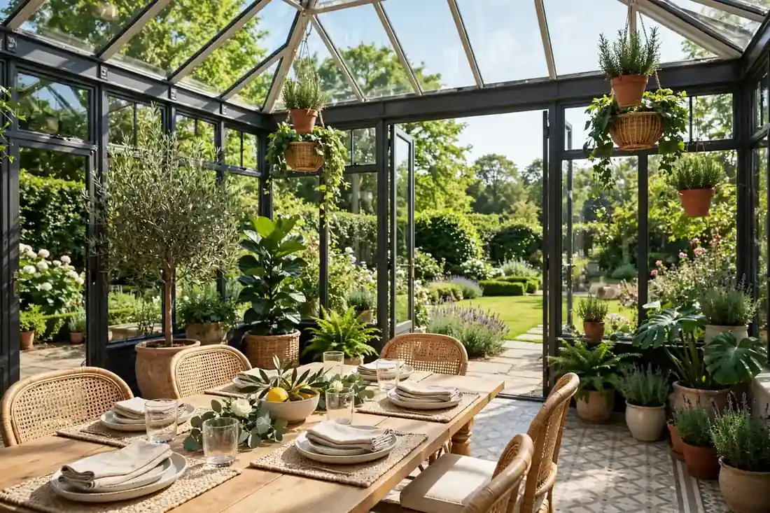 Heller Wintergarten mit Essplatz und Blick in den Garten an einem sonnigen Tag