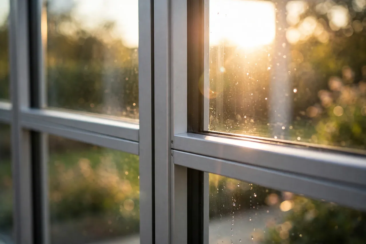 Detailansicht einer hochwertigen Glasfront mit schlanken Aluminiumprofilen im Gegenlicht