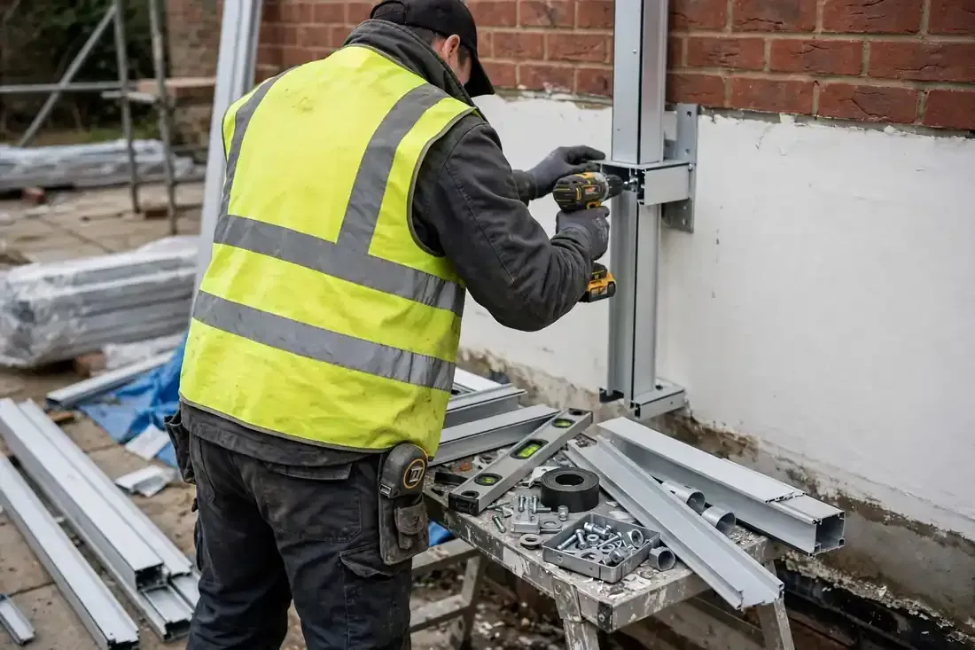 Handwerker montiert Aluminiumprofile eines Wintergarten-Bausatzes an einer Hauswand