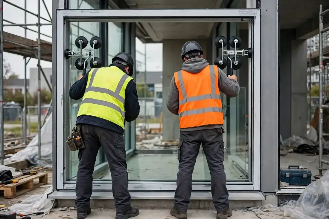 Zwei Monteure setzen eine große Glasscheibe mit Sauggriffen in ein Profil ein