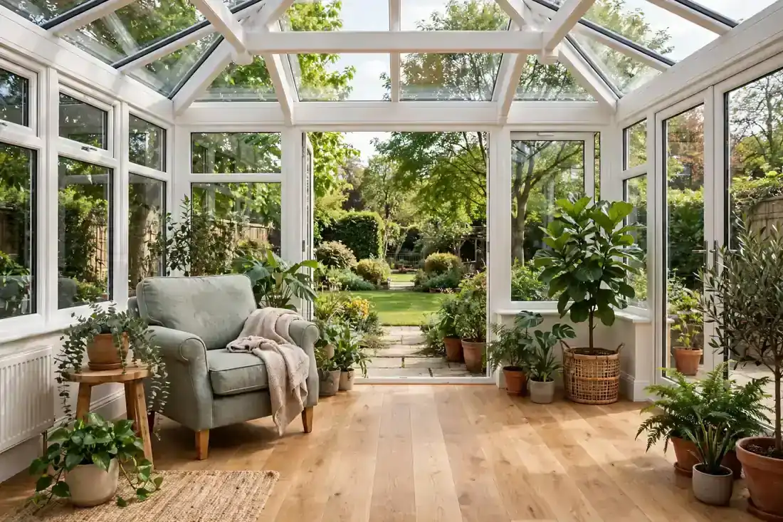 Fertig montierter Wintergarten von innen mit Bodenbelag und Blick in den Garten