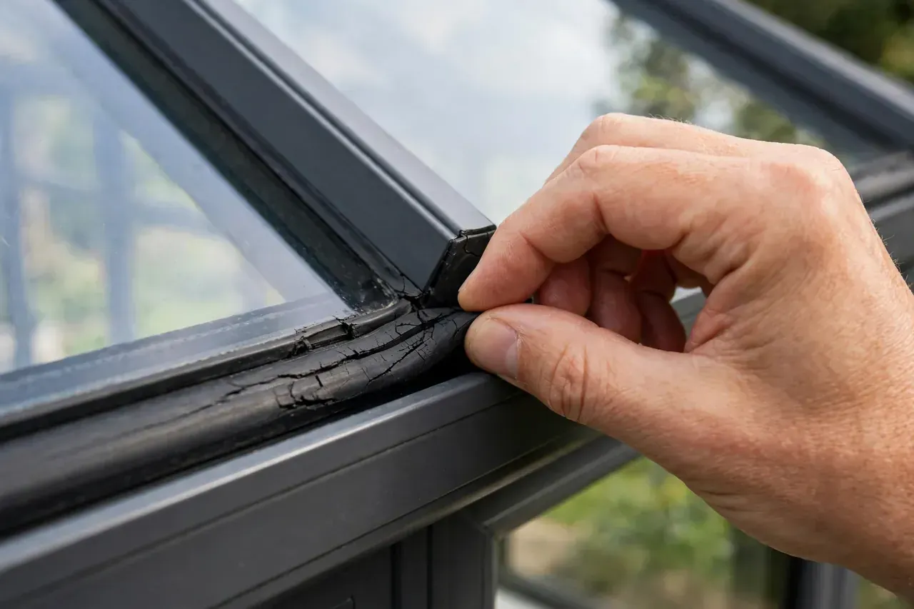 Hand prüft eine Dichtung am Glasdach eines Wintergartens auf Risse und Undichtigkeiten