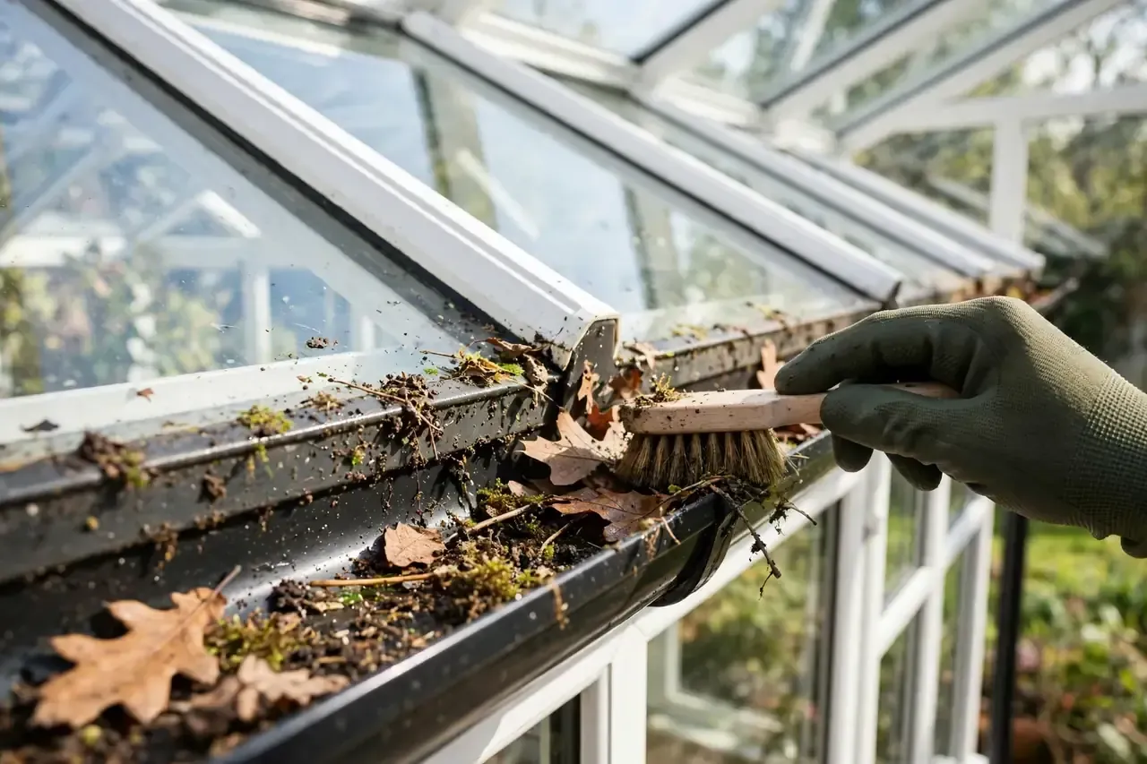 Reinigung der Profilrinne und Regenrinne eines Wintergartens von Laub und Schmutz