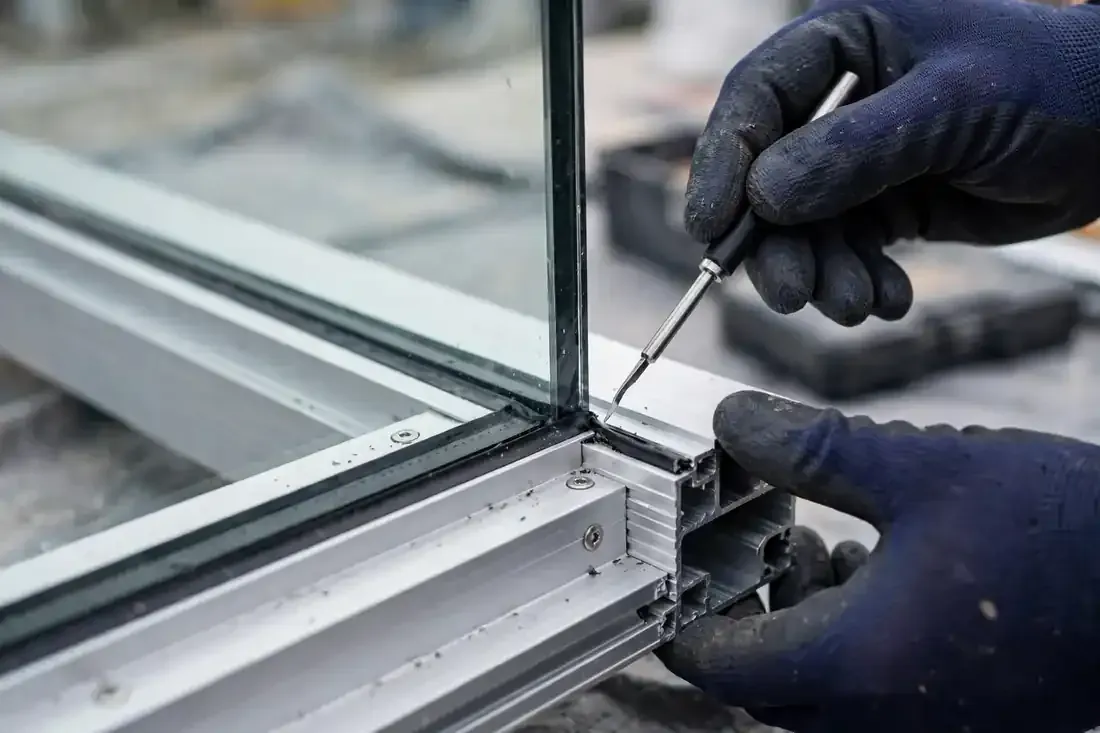 Monteur prüft die Dichtung einer großen Glasscheibe in einem Aluprofil